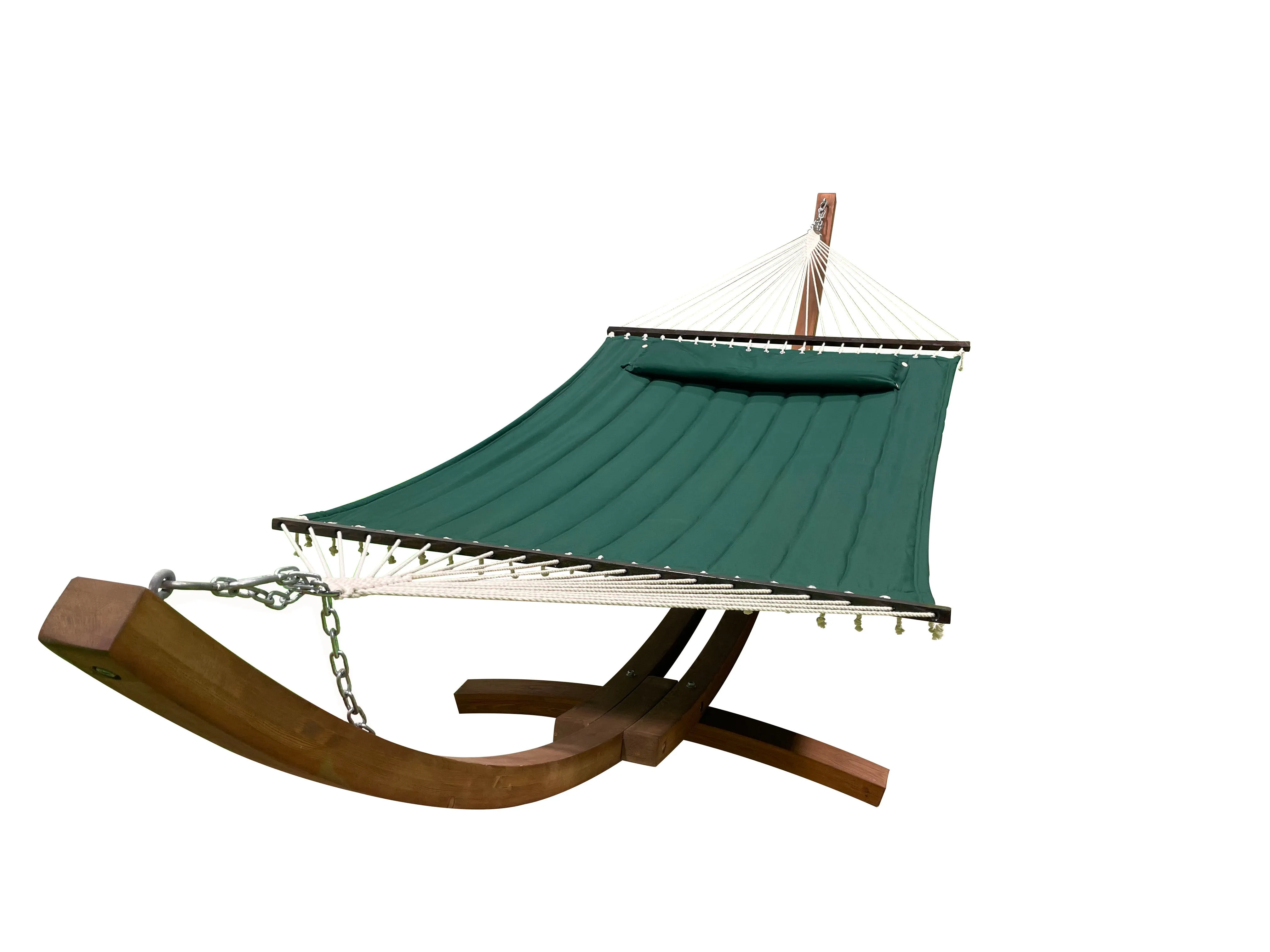 14 Ft. Teak Stain Wooden Arc Hammock Stand & Quilted Hammock Bed w/Pillow.
