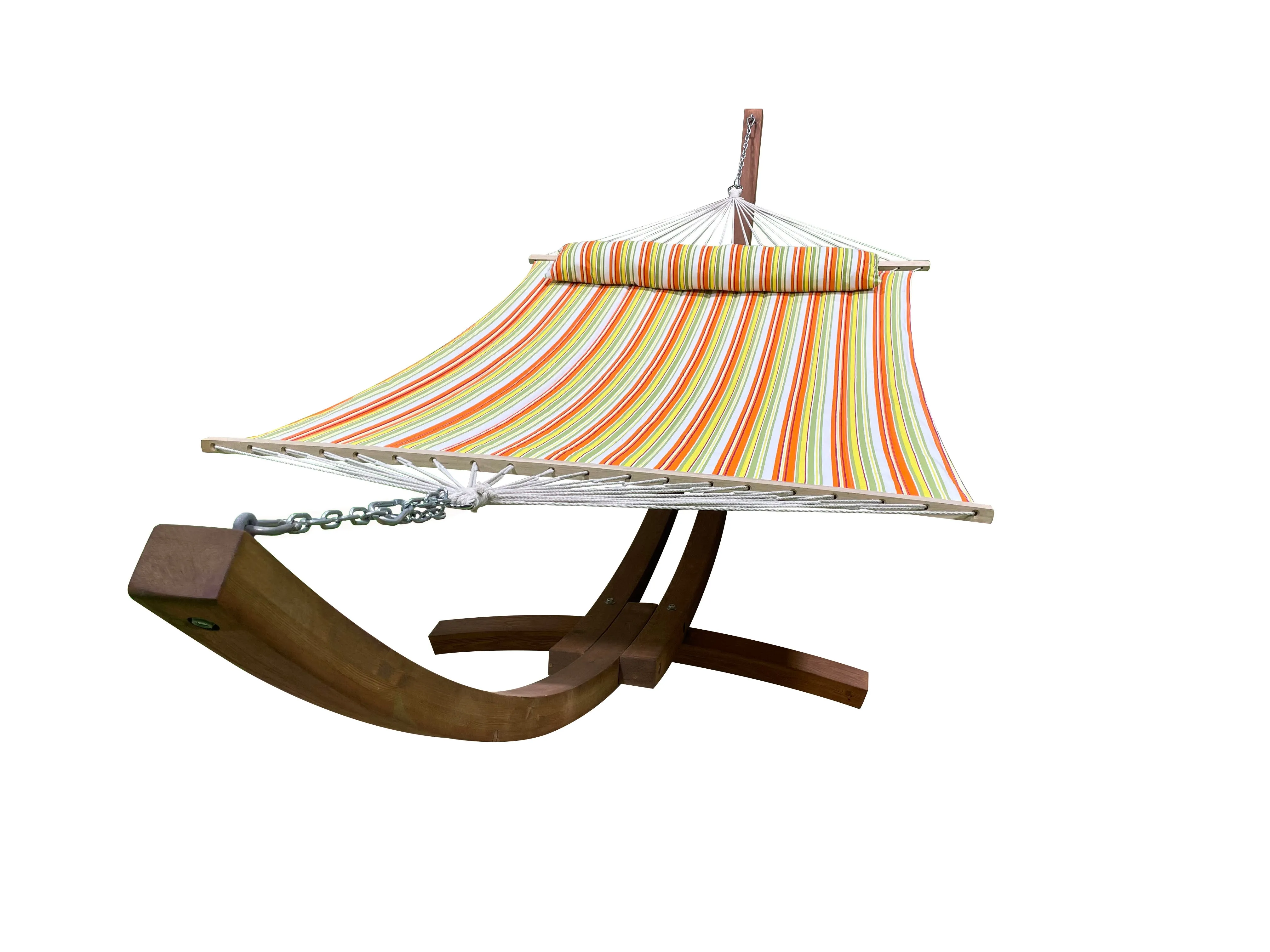 14 Ft. Teak Stain Wooden Arc Hammock Stand & Quilted Hammock Bed w/Pillow.