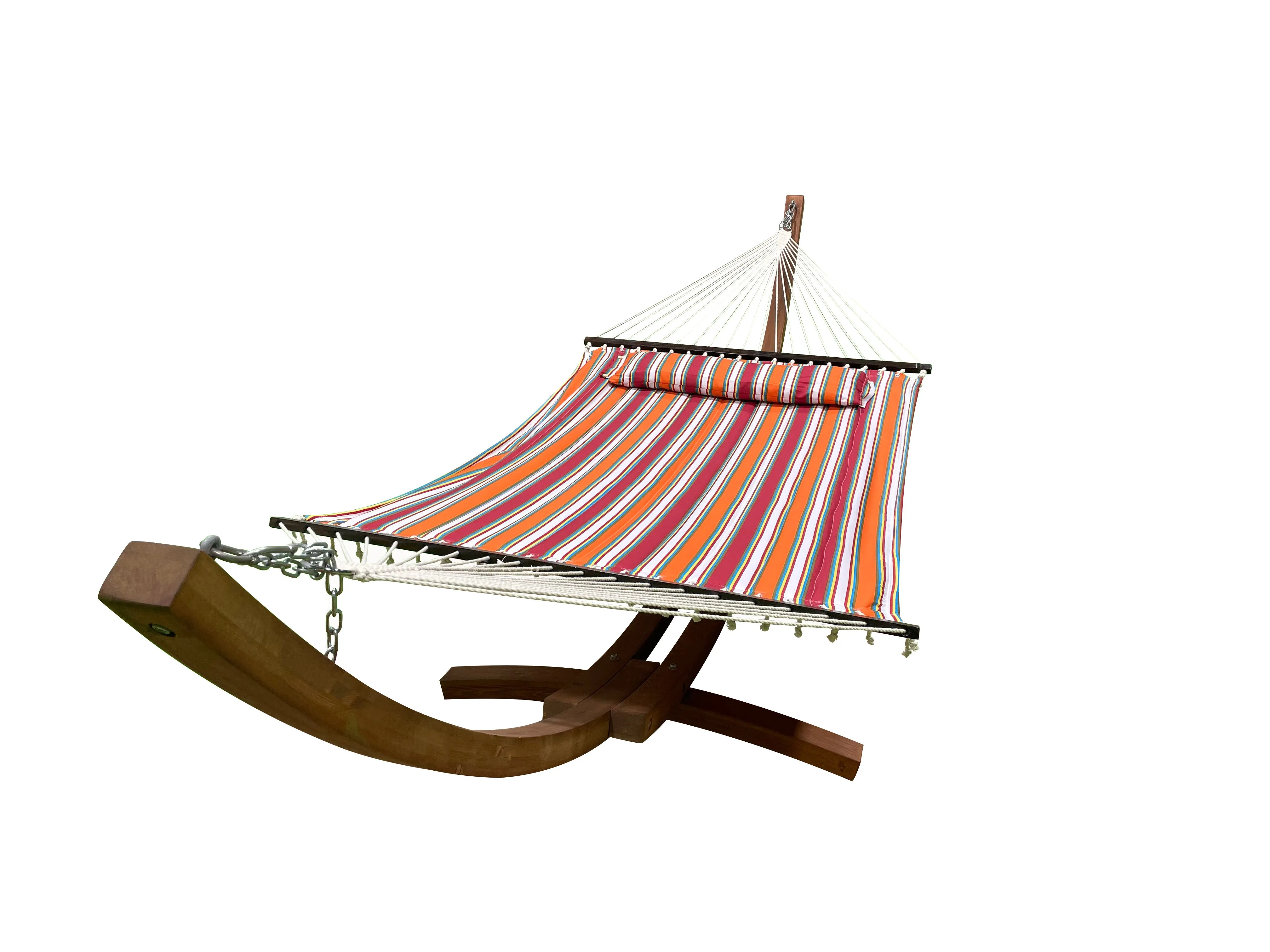 14 Ft. Teak Stain Wooden Arc Hammock Stand & Quilted Hammock Bed w/Pillow.