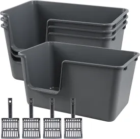 4 Pcs Large Litter Box with High Sides, Anti-Splashing Kitty Litter Pan, Open Top Pet Litter Box Tray Large Space (Grey)