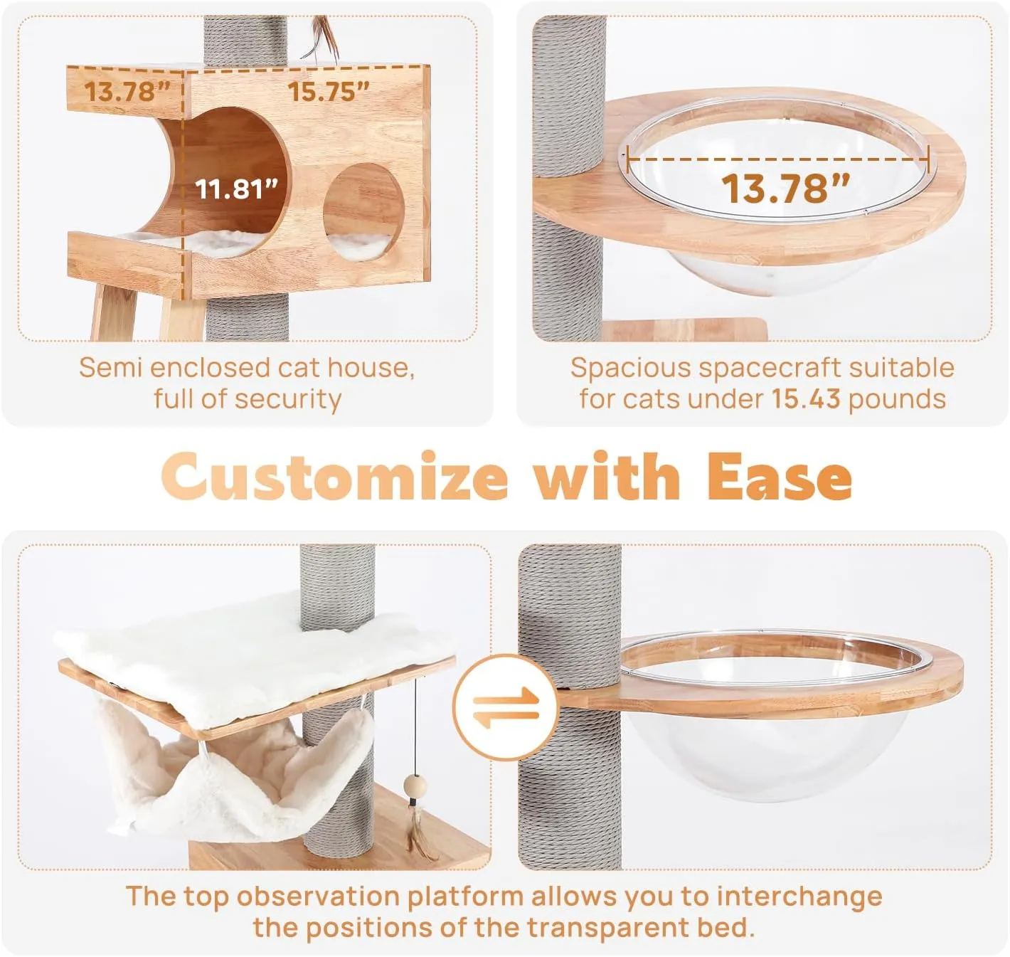 63-inch Modern Cat Tree, Luxury Cat Tower with Scratching Post, Unique Cat Condo with Hammock, Heavy Duty Kitty Climbing Tree for Indoor Cat, Wooden Kitty House for Small Medium Large Cats