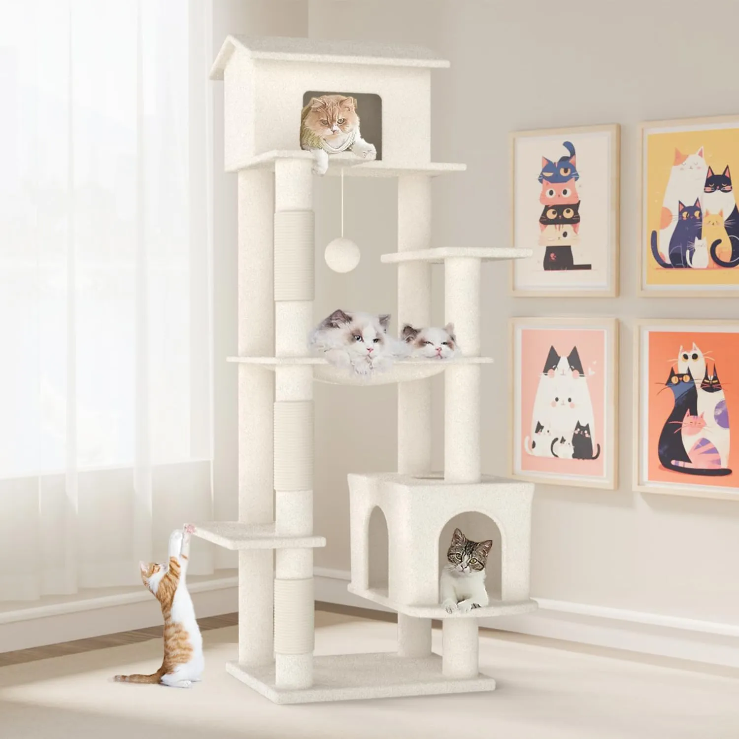 64 Inches Multi-Level Large Cat Tree Tower with Cat House for Indoor Cats/Cozy Perches/Cat Condo/Sisal Scratching Posts/Hammock/Cat Activity Center Play House/Wide Base (Beige)