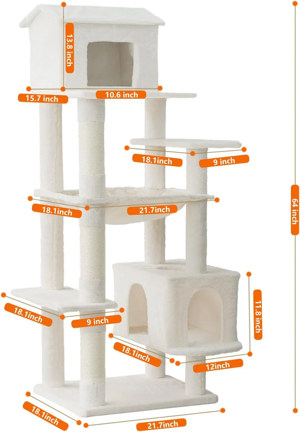 64 Inches Multi-Level Large Cat Tree Tower with Cat House for Indoor Cats/Cozy Perches/Cat Condo/Sisal Scratching Posts/Hammock/Cat Activity Center Play House/Wide Base (Beige)