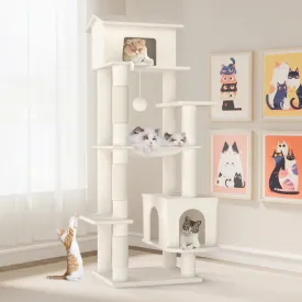 64 Inches Multi-Level Large Cat Tree Tower with Cat House for Indoor Cats/Cozy Perches/Cat Condo/Sisal Scratching Posts/Hammock/Cat Activity Center Play House/Wide Base (Beige)
