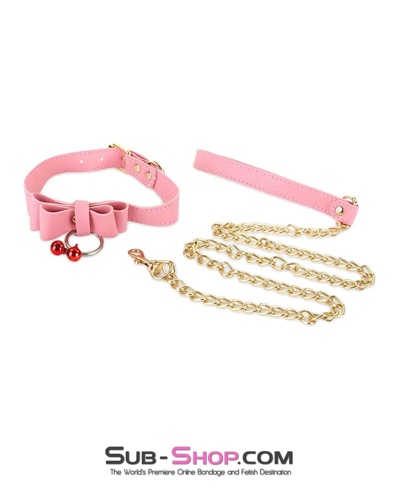 7337M-SIS      Precious Sissy Boi Accessory Pet Bow Bondage Slave Collar with Bell and Gold Fetish Mistress Chain Leash