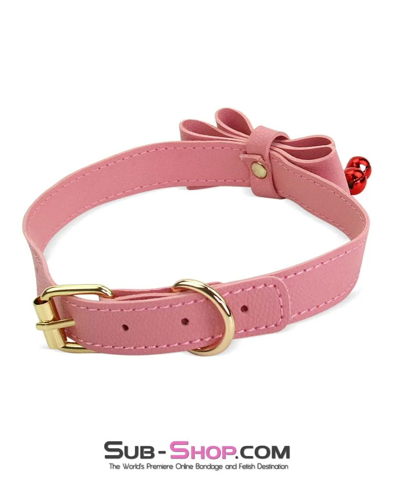 7337M-SIS      Precious Sissy Boi Accessory Pet Bow Bondage Slave Collar with Bell and Gold Fetish Mistress Chain Leash