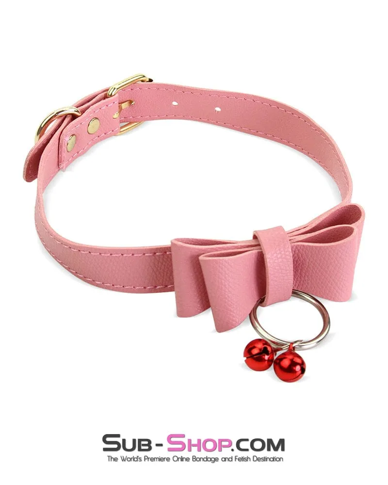 7337M-SIS      Precious Sissy Boi Accessory Pet Bow Bondage Slave Collar with Bell and Gold Fetish Mistress Chain Leash