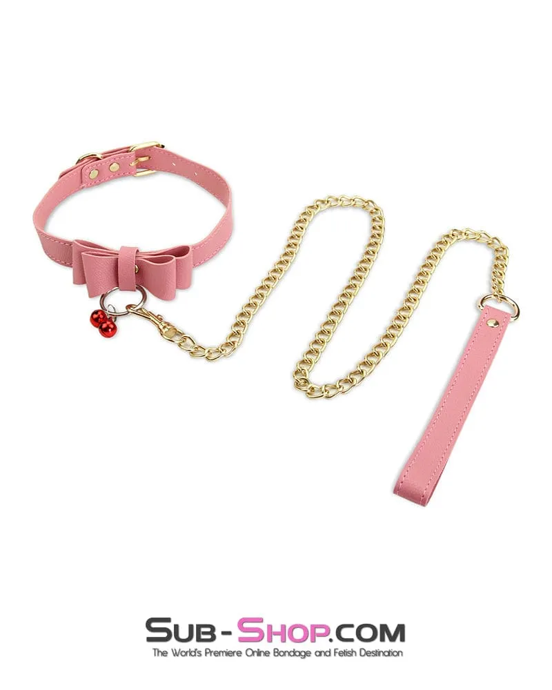 7337M-SIS      Precious Sissy Boi Accessory Pet Bow Bondage Slave Collar with Bell and Gold Fetish Mistress Chain Leash