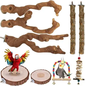 9 Pcs Natural Wooden Parrot Stands, Claw Stands, Bird Swings, Chew Toys & Accessories for Cockatiels, Conures, Budgies