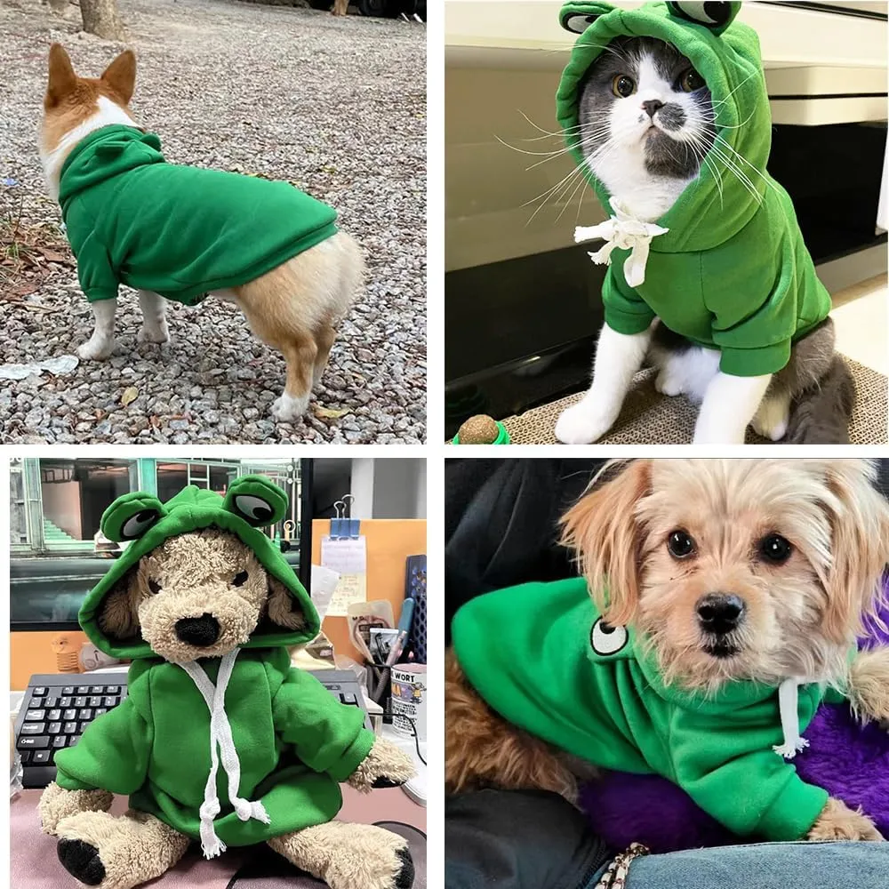 ANIAC Funny Pet Clothes for Small Dog Cat Girl Male Puppy Hoodies Warm Dogs Sweatshirt Coat with Eye Hood Fall Cat Apparel Christmas Halloween Outfit Dog Frog Costume (Green, Small)
