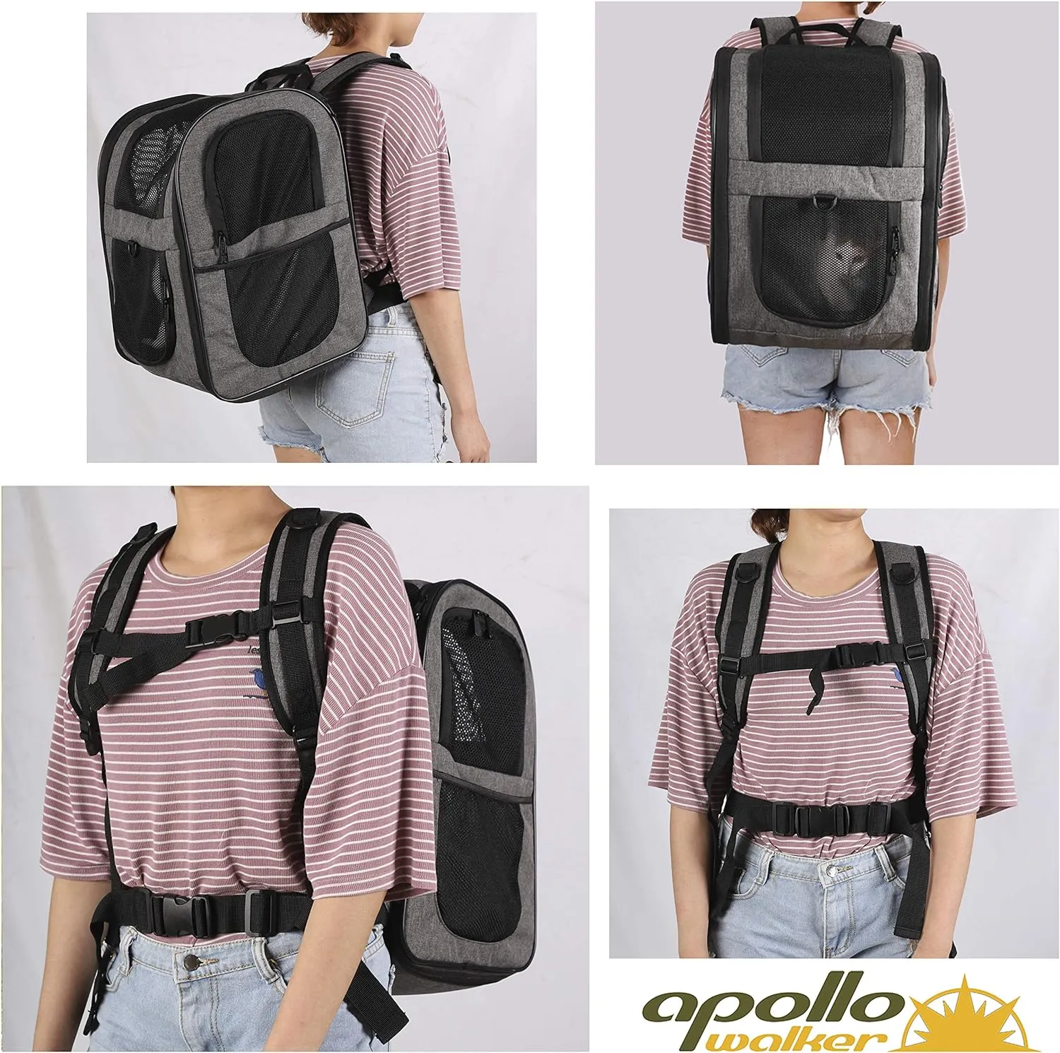 Apollo Walker Pet Carrier Backpack for Large/Small Cats and Dogs, Puppies, Safety Features and Cushion Back Support for Travel, Hiking, Outdoor Use (Gray-Expandable)