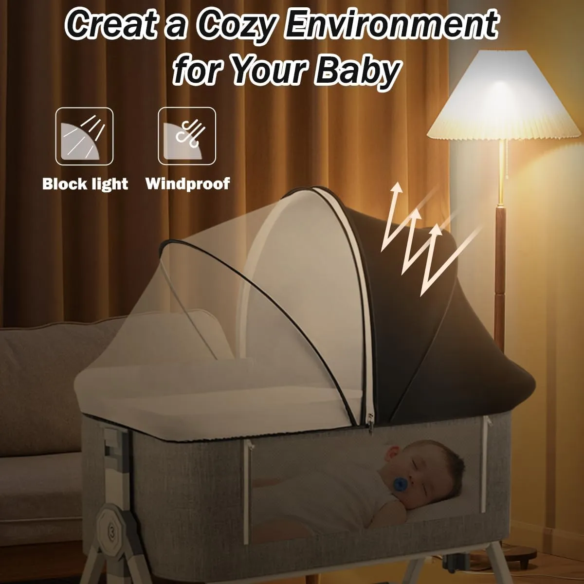 Bassinet Cover for Baby, Mosquito Net to Block Light, Breathable Bug Net Cover for Bedside Sleeper, Bassinet Tent Canopy with 2-Way Zipper to Keep Cats Out