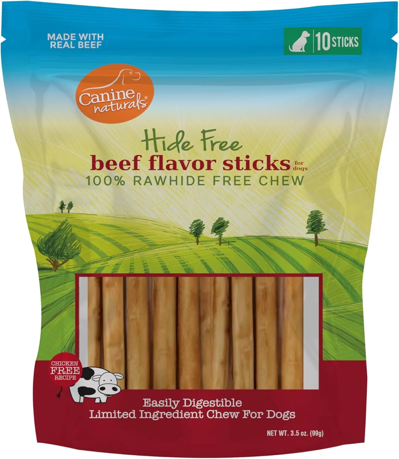 Canine Naturals Beef Chew - Rawhide Free Dog Treats - Made With Real Beef - Poultry Free Recipe - All-Natural and Easily Digestible - 10 Pack of 5 Inch Stick Chews