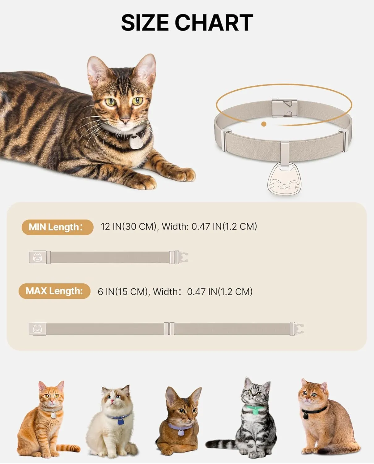 Cat Collar with Name Tag Breakaway: Kitten Collars with QR Code ID Tag for Girl Boy Cats, Ultra Soft & Elastic Adjustable (6"-12") Cat Collar with Break Away Safety Buckle, Khaki