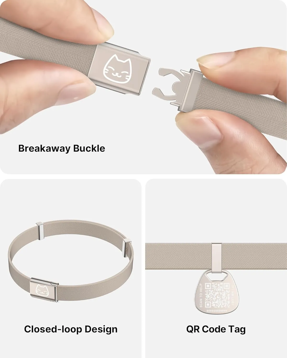Cat Collar with Name Tag Breakaway: Kitten Collars with QR Code ID Tag for Girl Boy Cats, Ultra Soft & Elastic Adjustable (6"-12") Cat Collar with Break Away Safety Buckle, Khaki