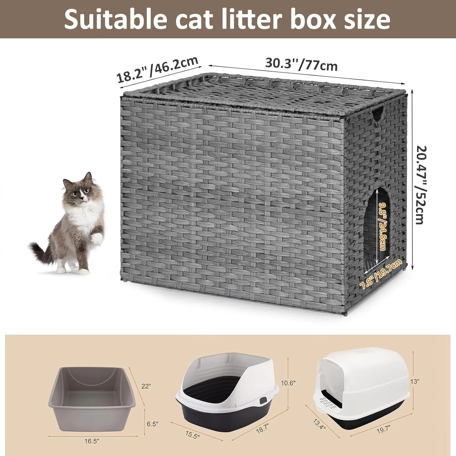 Cat Litter Box Enclosure with Litter Trapping Mat; Handwoven Plastic Rattan Cat House; No Installation Hidden Cat Washroom; Pet Crate for Balcony,Bedroom,Living Room