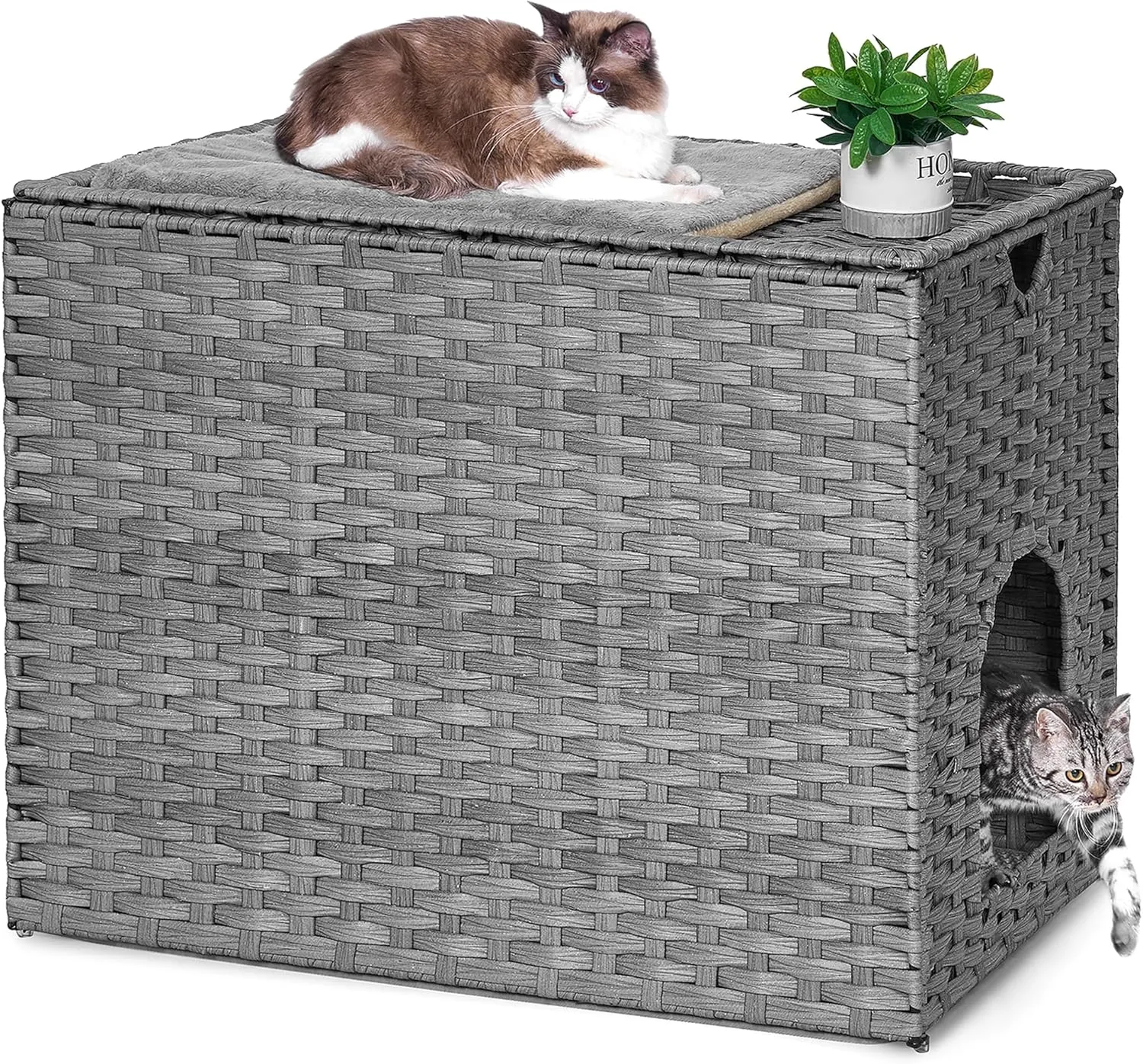 Cat Litter Box Enclosure with Litter Trapping Mat; Handwoven Plastic Rattan Cat House; No Installation Hidden Cat Washroom; Pet Crate for Balcony,Bedroom,Living Room