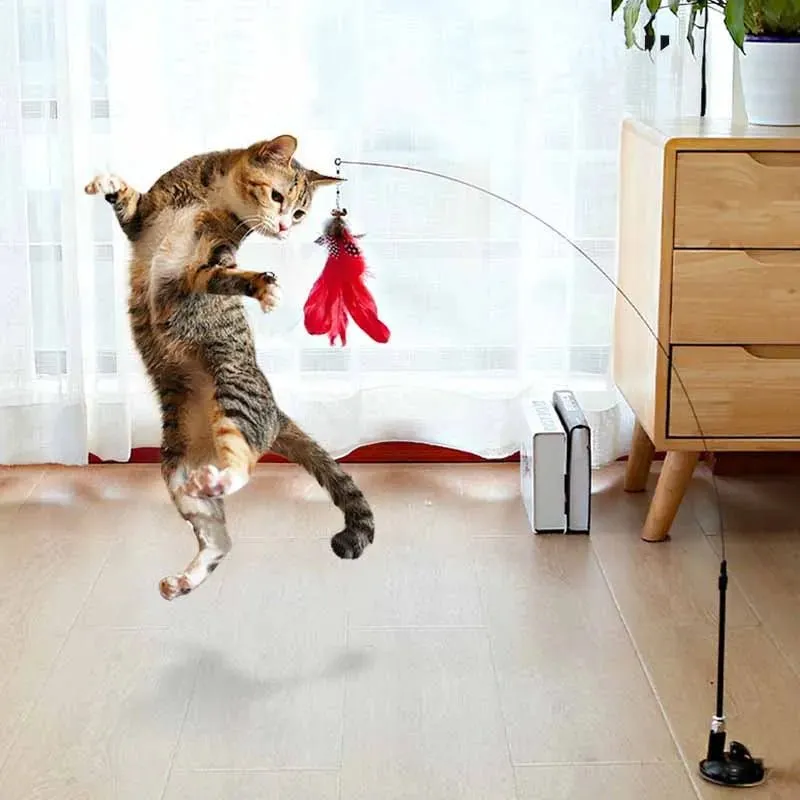 Cat Wand Toy - Recreational Cats Teaser Feather Stick Toy with Suction Cup