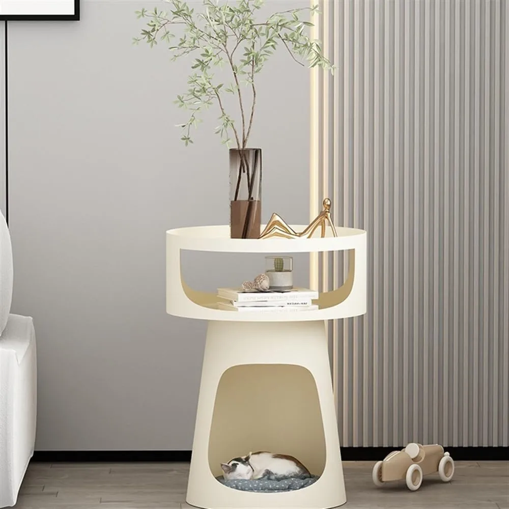 Coffee Table, Creative Round Metal Side Table, Double Layer Coffee Table, Sofa Table for Balcony, Bedside Table for Bedroom, Pet Bed for Cats Side Table (White)