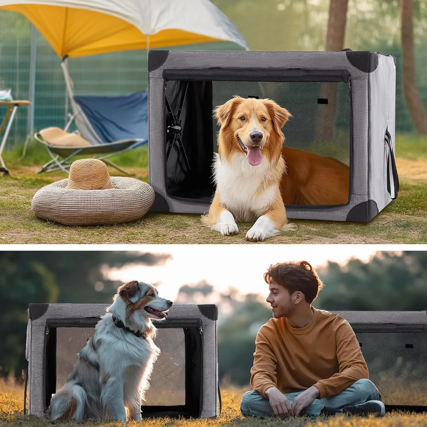 Collapsible Dog Crate - 32 Inch Portable Dog Travel Crate for Medium Dogs, Foldable Dog Crate with Detachable Storage Bag, Removable Pad, and Mesh Windows for Outdoor & Indoor