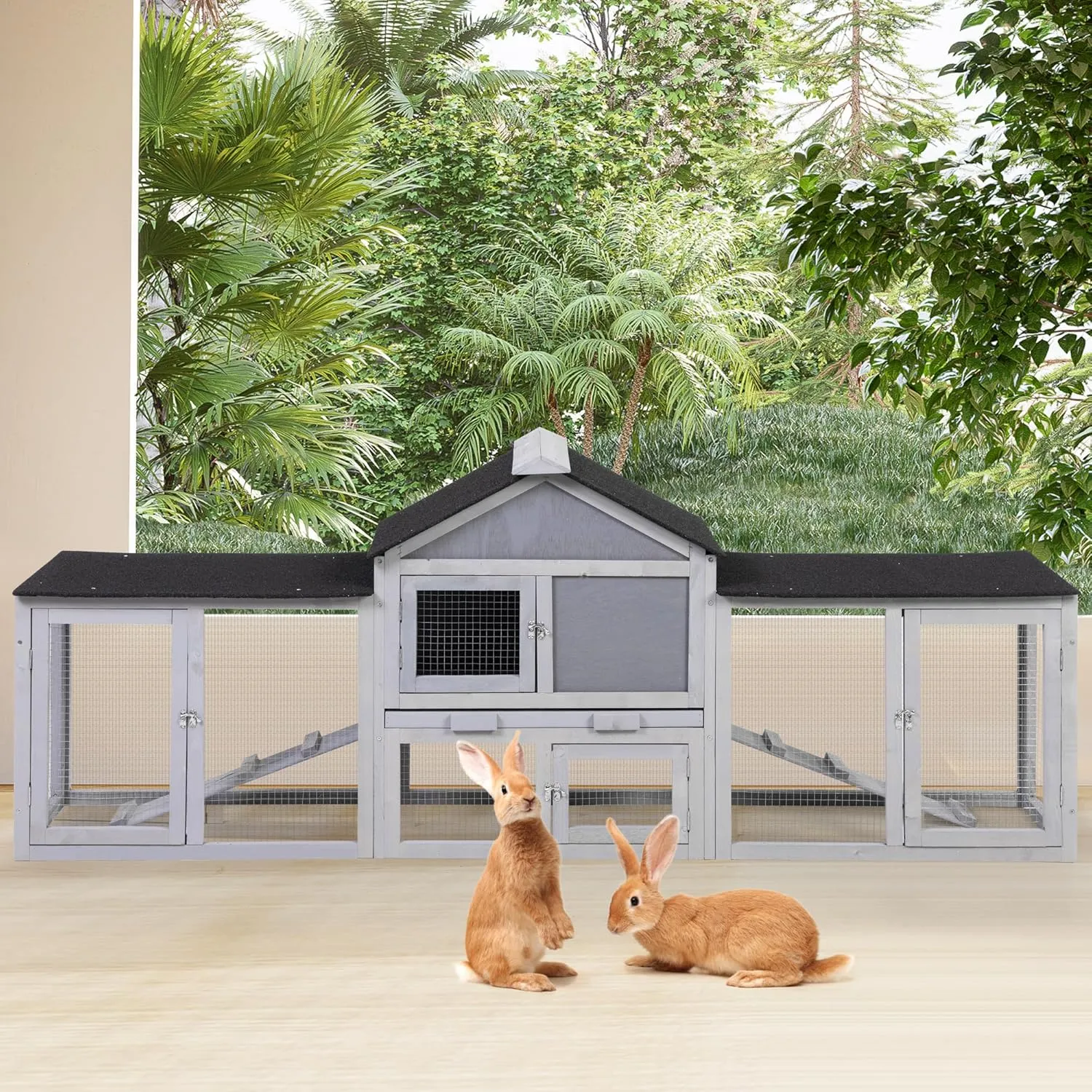 COZIWOW 2 Story 83Wood Assembled Rabbit Hutch Indoor&Outdoor Bunny Cage with Double Runs and Weatherproof Roof, Guinea Pig Pet House for Small AnimalsGray