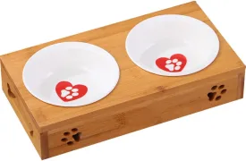 Creation Core Solid Bamboo Elevated Pet Dinner Feeder for Small Dogs and Cats Raised Stand with Two Ceramic Bowls