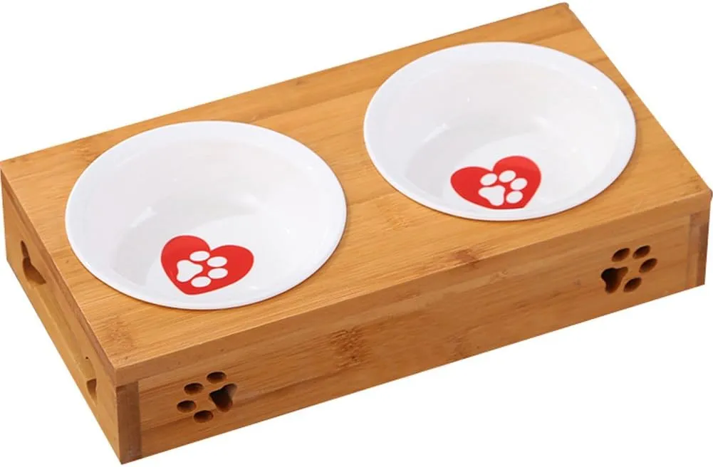 Creation Core Solid Bamboo Elevated Pet Dinner Feeder for Small Dogs and Cats Raised Stand with Two Ceramic Bowls