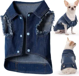 Dog Denim Jacket Vest - Leash Ring, Fringed Sleeves, Blue Jean, Classic Vintage Wash, Fits Small to Large Dogs (Large)