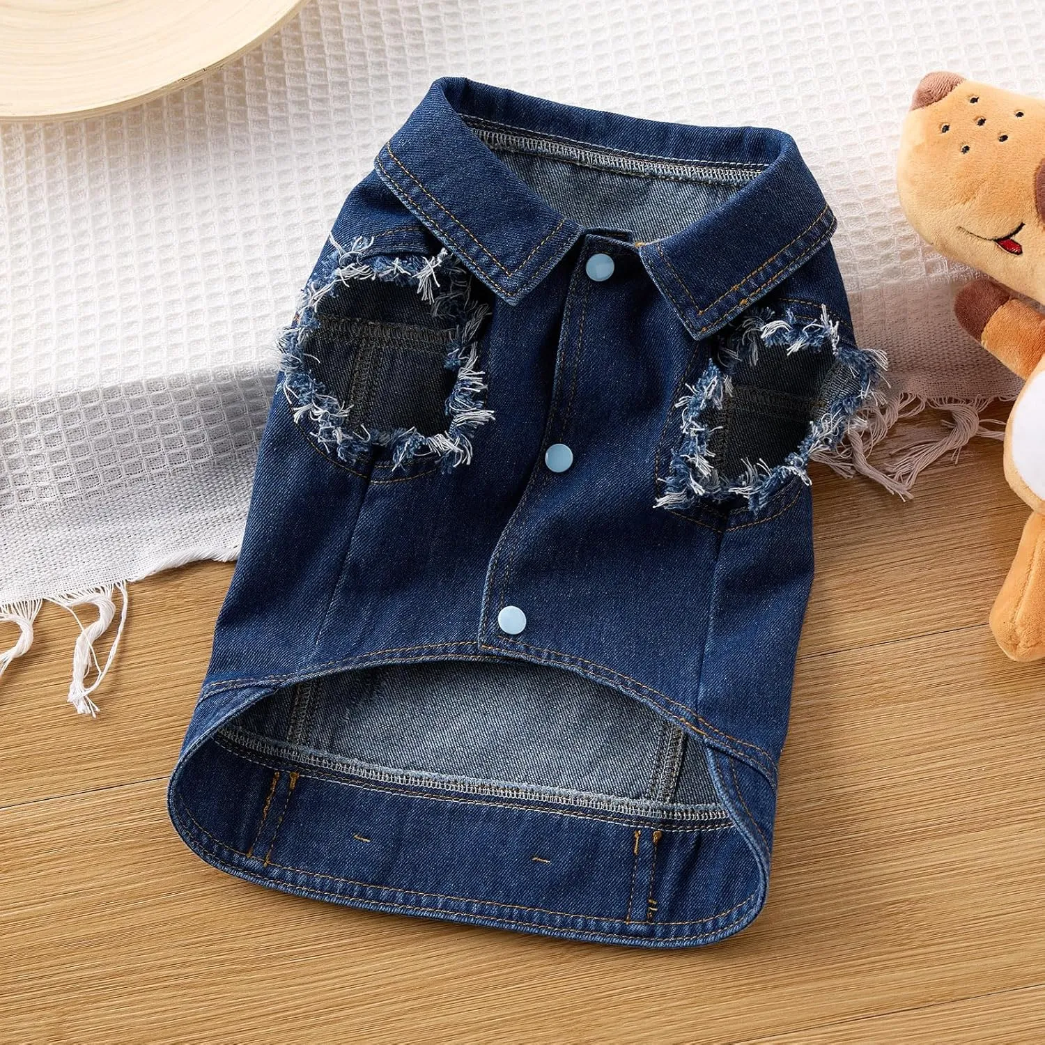 Dog Denim Jacket Vest - Leash Ring, Fringed Sleeves, Blue Jean, Classic Vintage Wash, Fits Small to Large Dogs (Large)