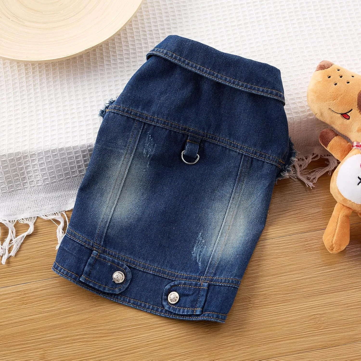 Dog Denim Jacket Vest - Leash Ring, Fringed Sleeves, Blue Jean, Classic Vintage Wash, Fits Small to Large Dogs (Large)