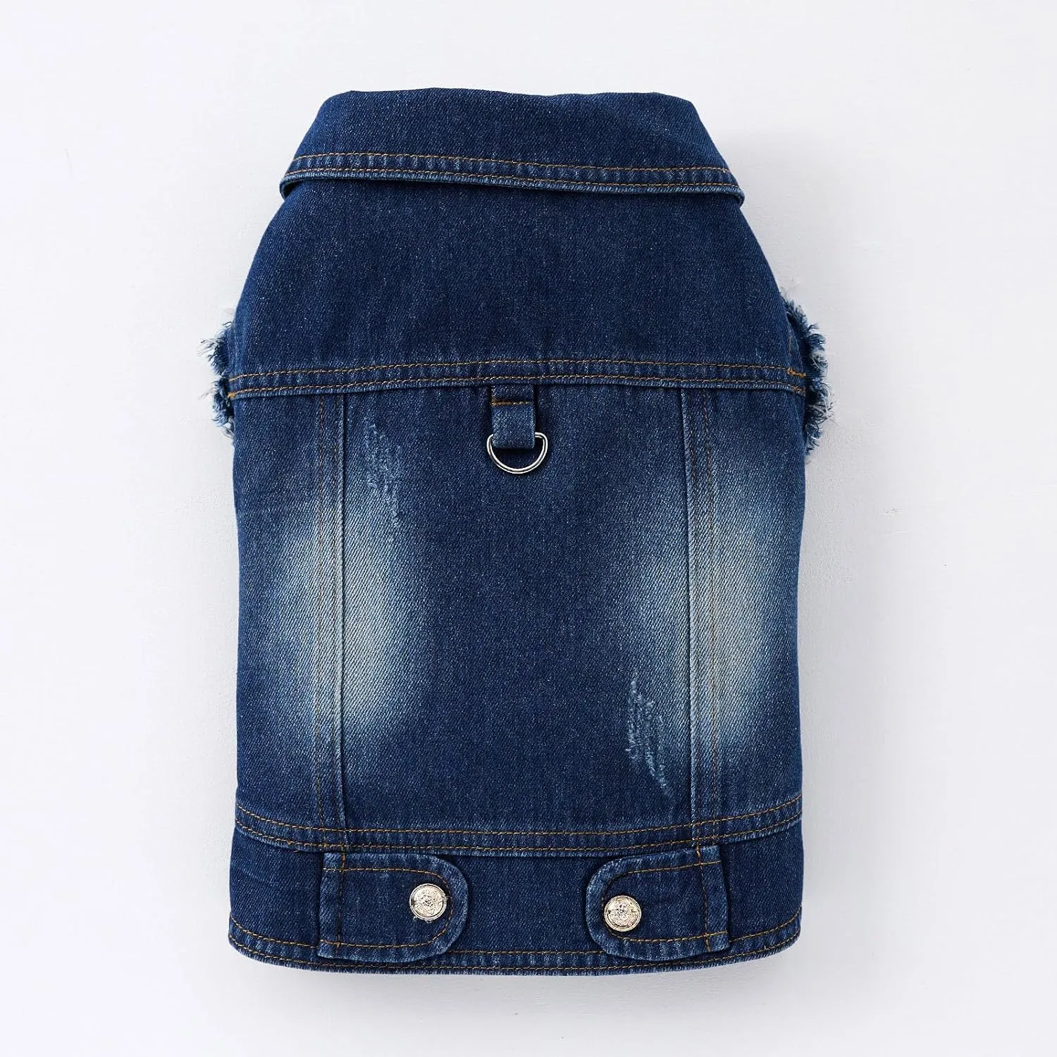 Dog Denim Jacket Vest - Leash Ring, Fringed Sleeves, Blue Jean, Classic Vintage Wash, Fits Small to Large Dogs (Large)