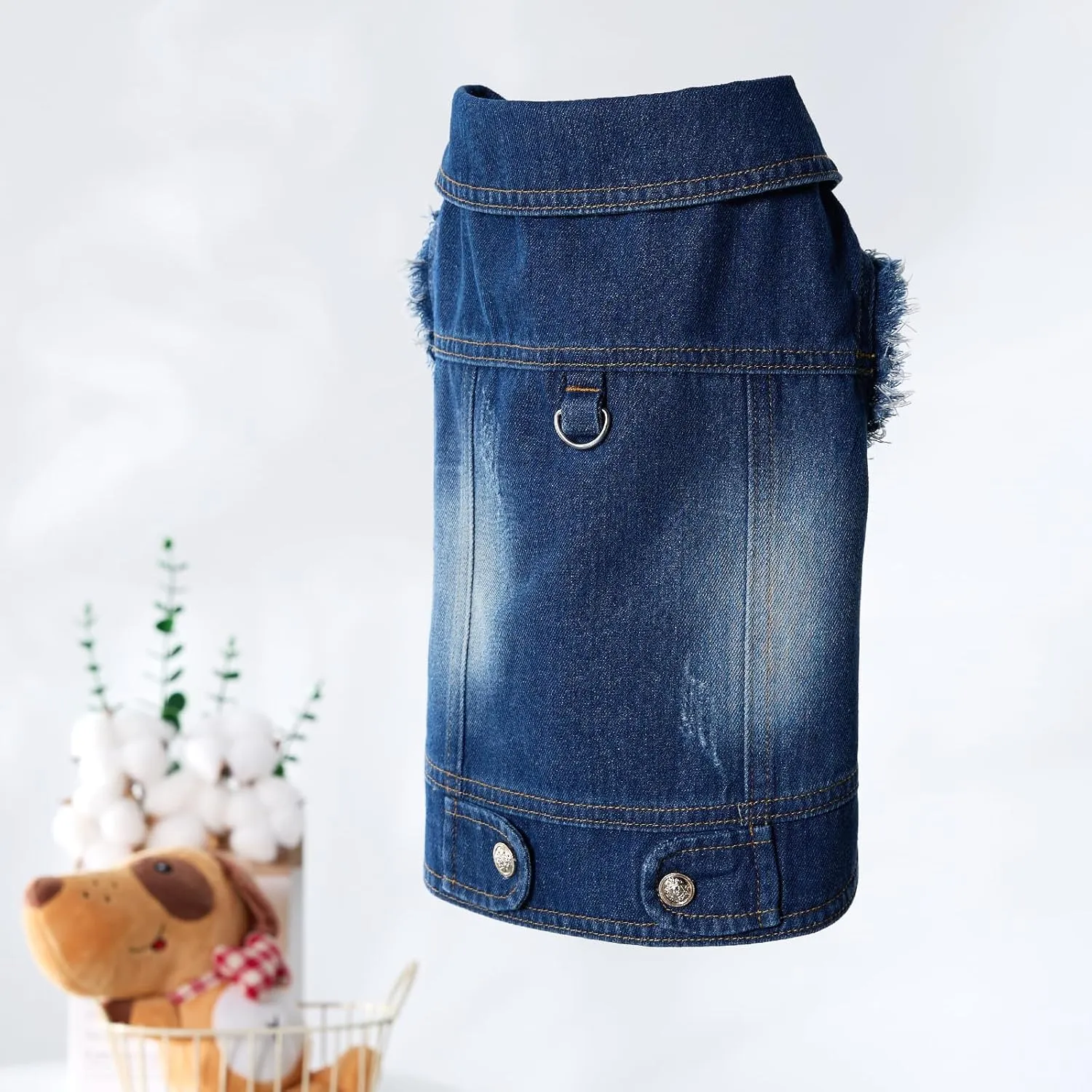 Dog Denim Jacket Vest - Leash Ring, Fringed Sleeves, Blue Jean, Classic Vintage Wash, Fits Small to Large Dogs (Large)