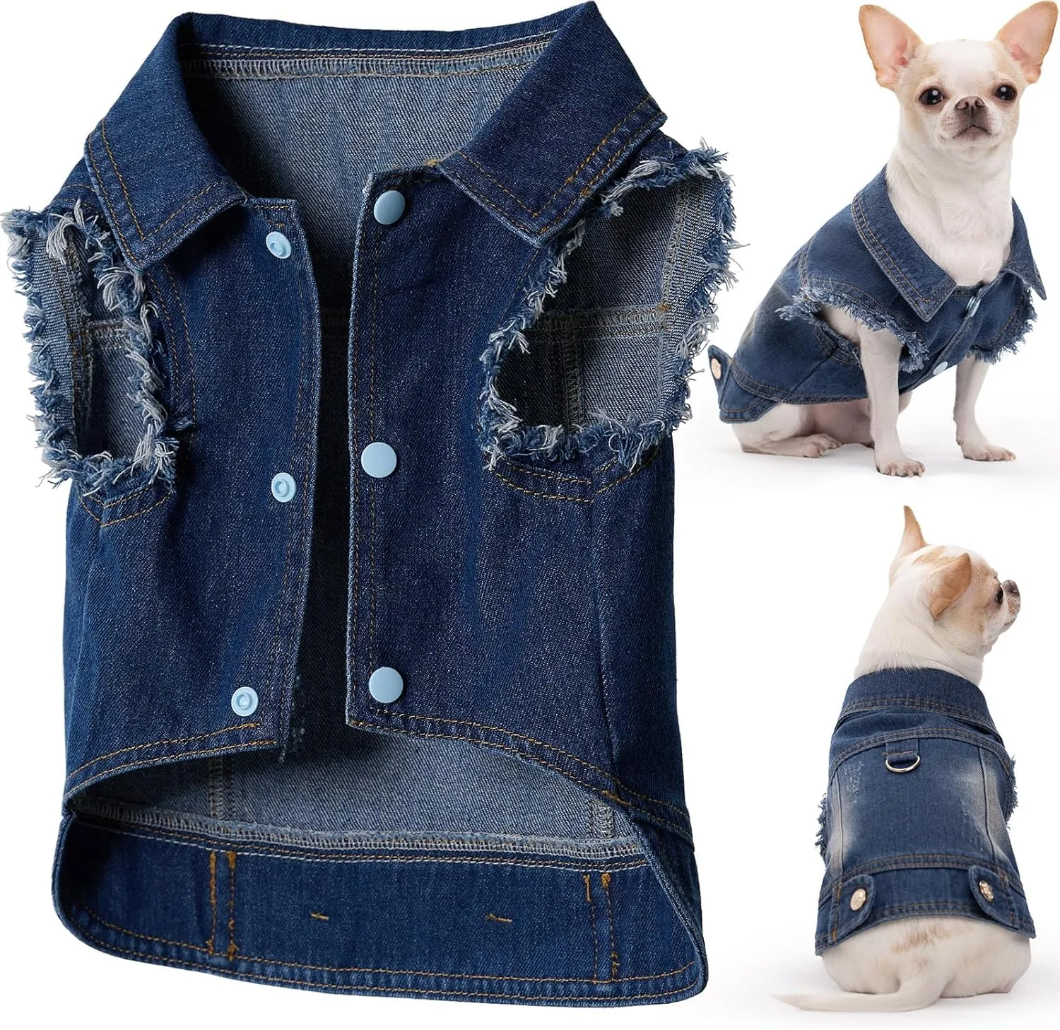 Dog Denim Jacket Vest - Leash Ring, Fringed Sleeves, Blue Jean, Classic Vintage Wash, Fits Small to Large Dogs (Large)