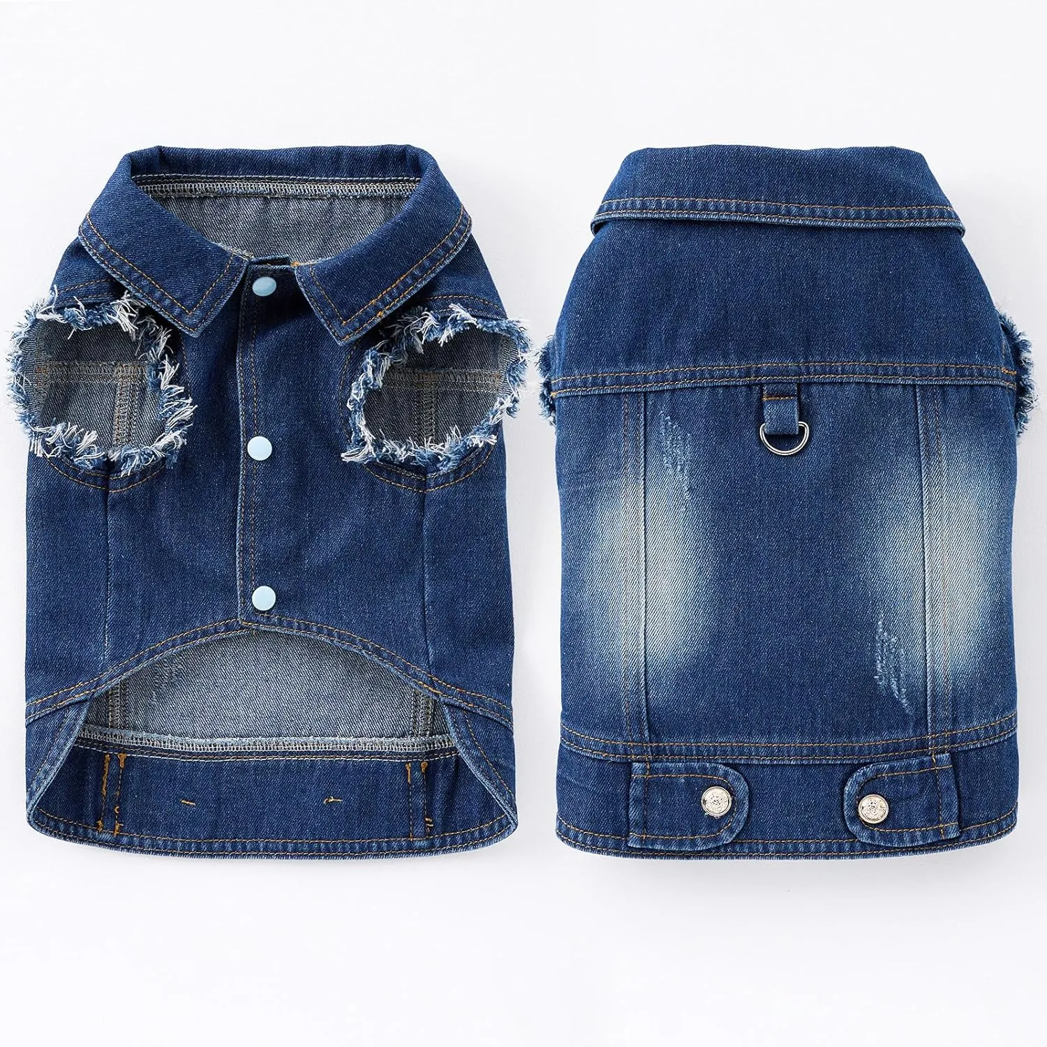 Dog Denim Jacket Vest - Leash Ring, Fringed Sleeves, Blue Jean, Classic Vintage Wash, Fits Small to Large Dogs (Large)