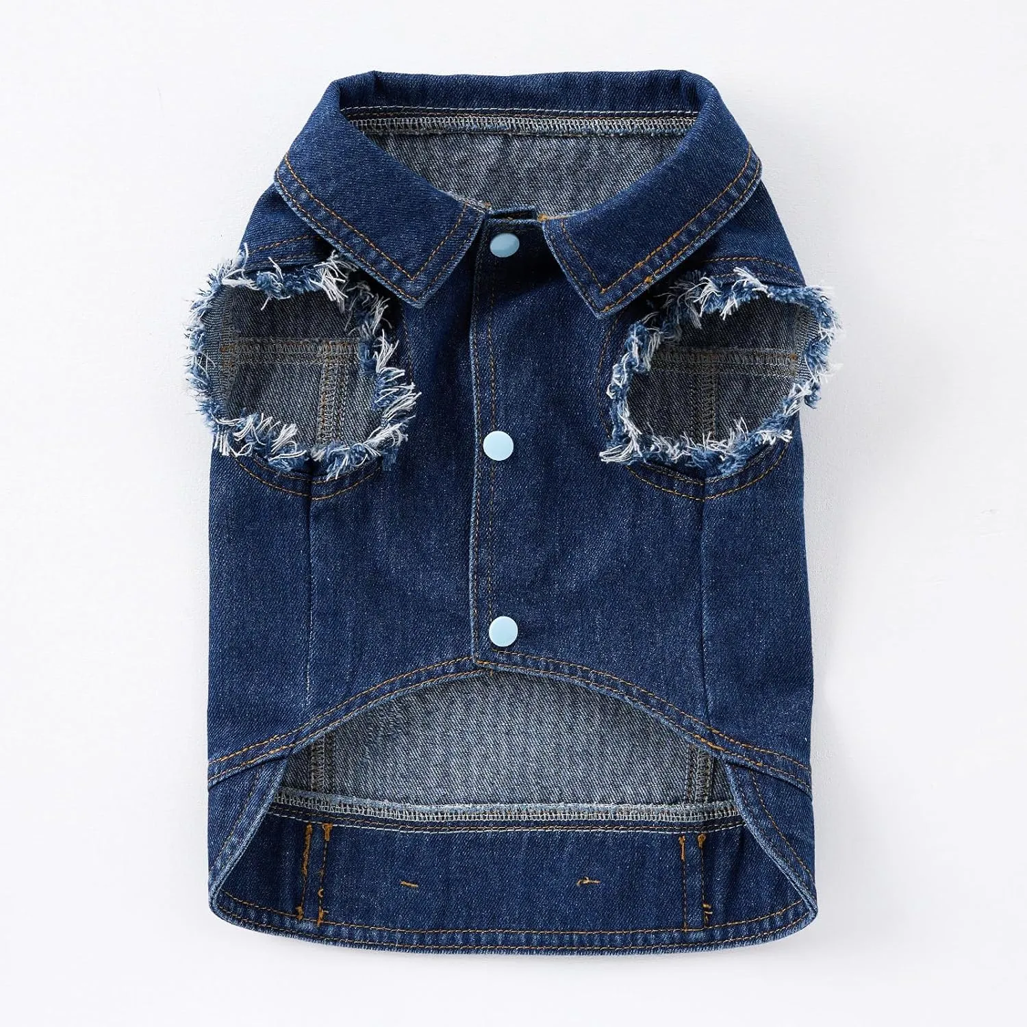 Dog Denim Jacket Vest - Leash Ring, Fringed Sleeves, Blue Jean, Classic Vintage Wash, Fits Small to Large Dogs (Large)