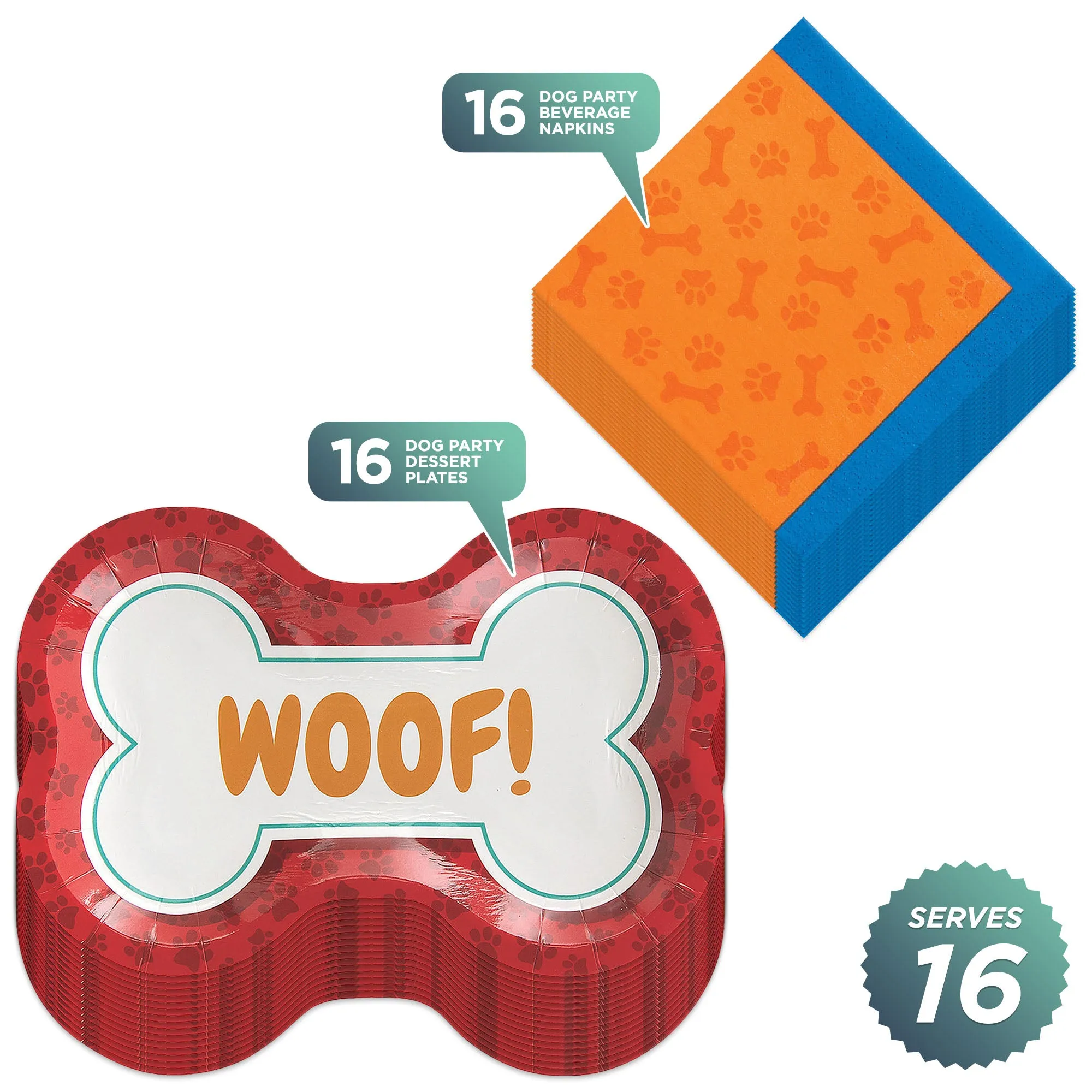 Dog Party Supplies - Dog Bone Shaped "Woof" Paper Dessert Plates and Beverage Napkins (Serves 16)