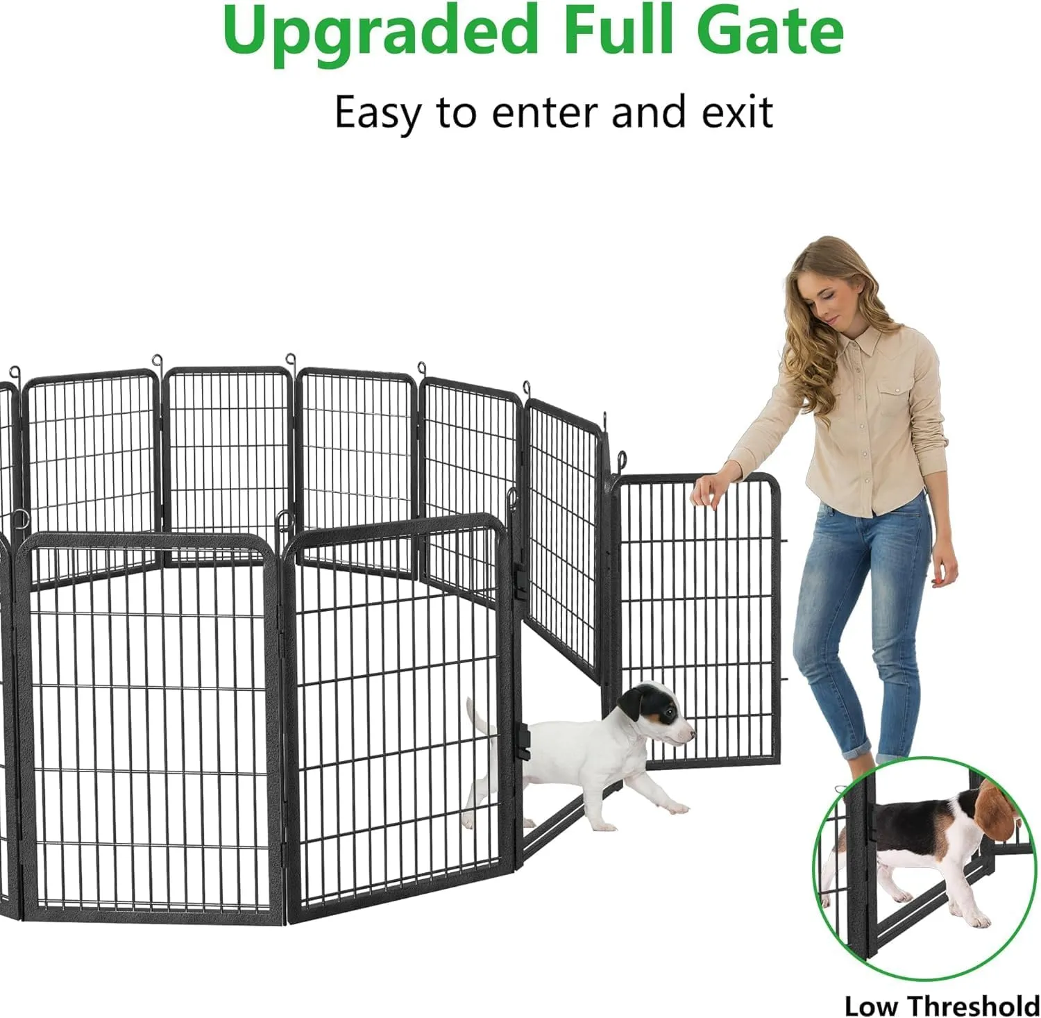 Dog Playpen Outdoor with Low Threshold Full Gate, 32" Height 10 Panels Large Dog Fence Outdoor for Yard, Heavy Duty Pet Playpen Metal Play Pen Portable Fence for RV Camping, Yard