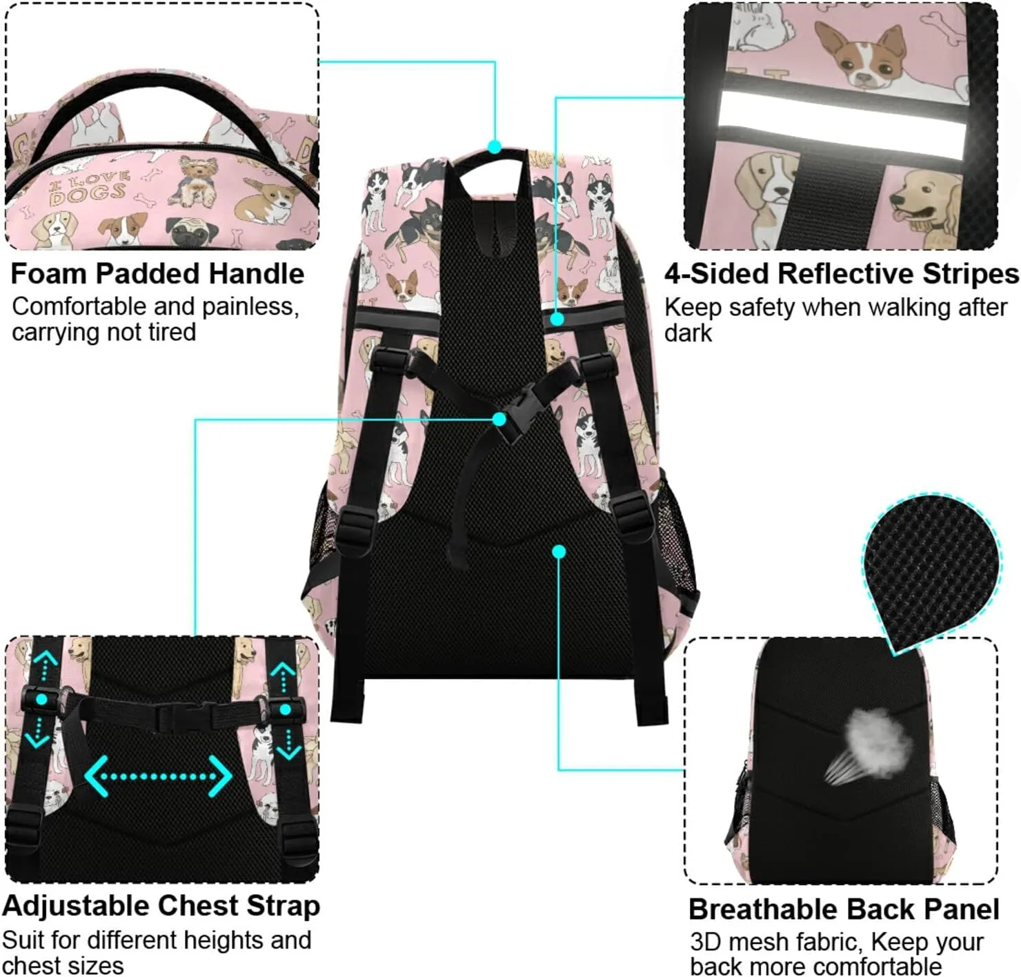 Dogs Pink Backpack for Boys Girls Lightweight Bookbag for Students Elementary School Laptop Daypack Rucksack for Teens Travel