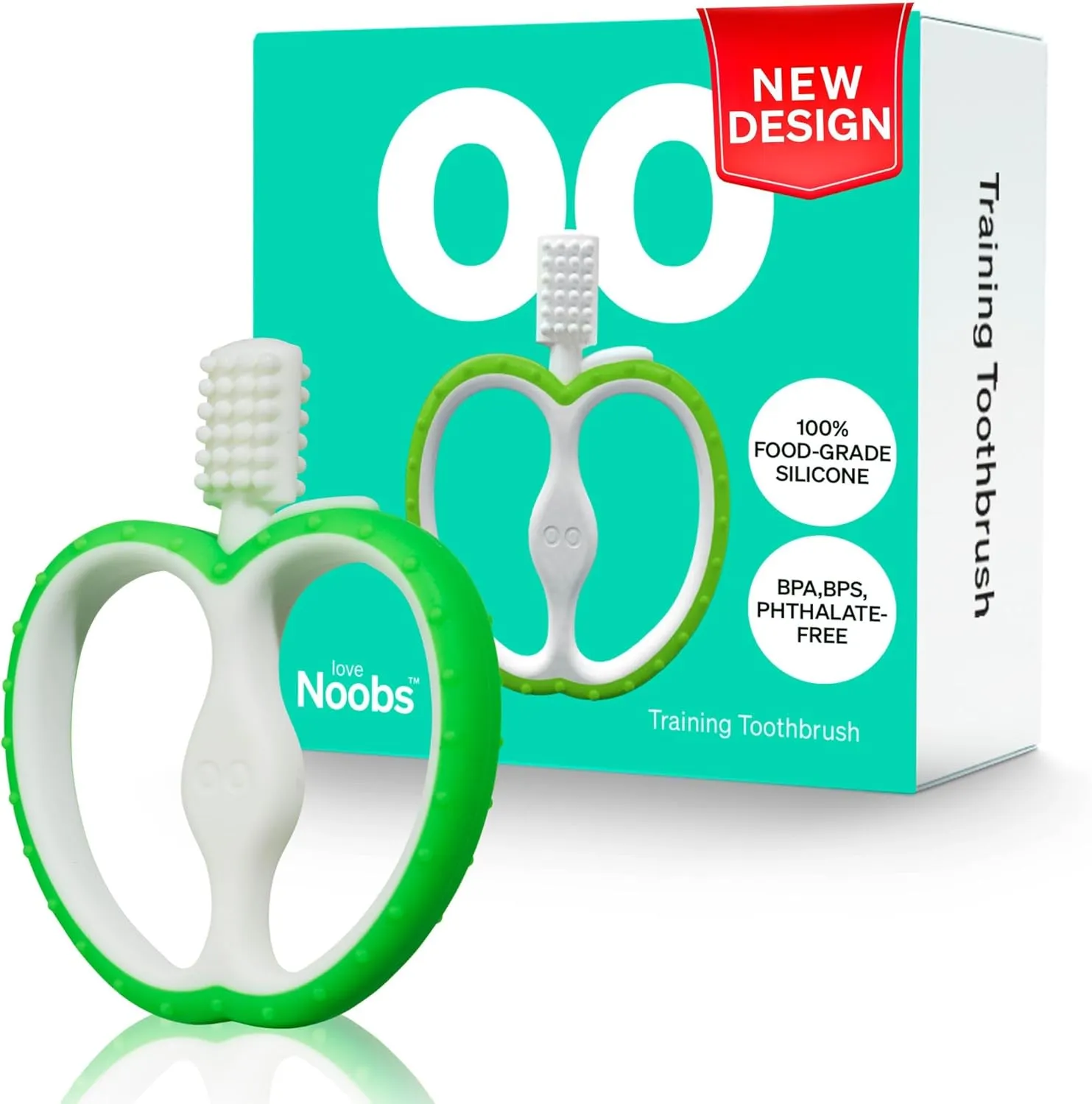 Easy Grip Baby Teething Toothbrush for 4-12 Months by LoveNoobs, Safe Design, Gentle Bristles for Sensitive Gums, BPA Free Food-Grade Silicone Toothbrush Teether, Green