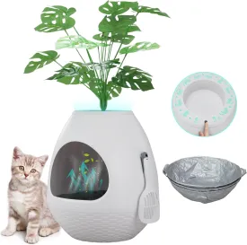 Eggloa6 Extra Large Hidden Litter Box with Plant Dcor  Premium Litter Box Furniture with Smart Odor Removal System, LED Lights, and Cat Litter Mat for Ultimate Comfort and Cleanliness (White)