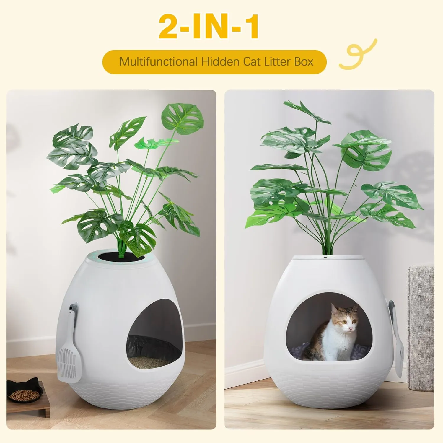 Eggloa6 Extra Large Hidden Litter Box with Plant Dcor  Premium Litter Box Furniture with Smart Odor Removal System, LED Lights, and Cat Litter Mat for Ultimate Comfort and Cleanliness (White)