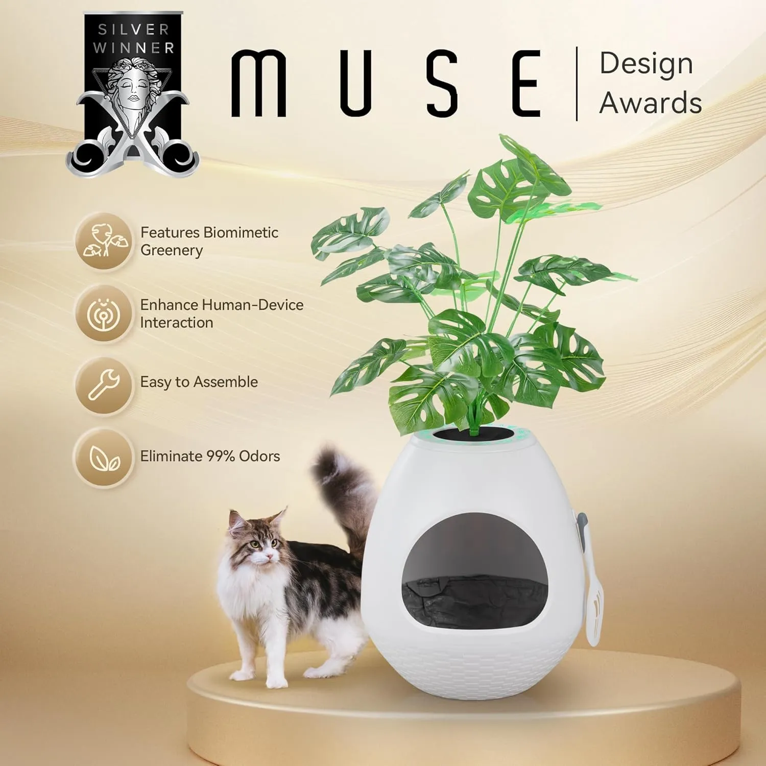 Eggloa6 Extra Large Hidden Litter Box with Plant Dcor  Premium Litter Box Furniture with Smart Odor Removal System, LED Lights, and Cat Litter Mat for Ultimate Comfort and Cleanliness (White)