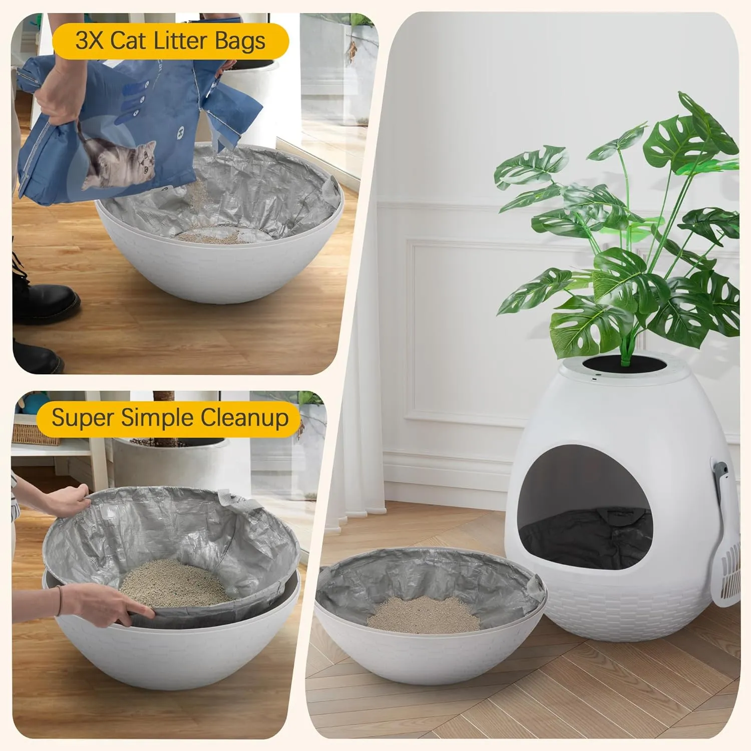 Eggloa6 Extra Large Hidden Litter Box with Plant Dcor  Premium Litter Box Furniture with Smart Odor Removal System, LED Lights, and Cat Litter Mat for Ultimate Comfort and Cleanliness (White)