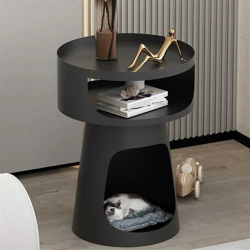 End Tables Creative Metal Round Side Table Double-Layer Coffee Table, Balcony Sofa Table, Bedroom Nightstand, Pet Bed for Cats Console Sofa Tables(Black)