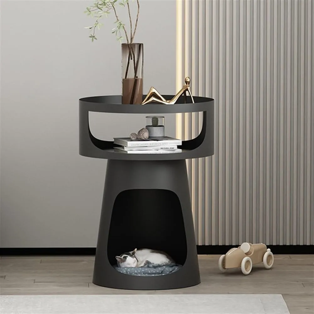 End Tables Creative Metal Round Side Table Double-Layer Coffee Table, Balcony Sofa Table, Bedroom Nightstand, Pet Bed for Cats Console Sofa Tables(Black)