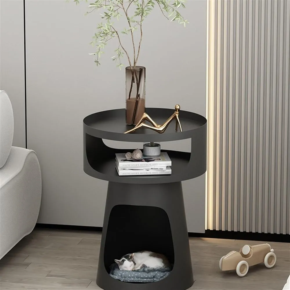 End Tables Creative Metal Round Side Table Double-Layer Coffee Table, Balcony Sofa Table, Bedroom Nightstand, Pet Bed for Cats Console Sofa Tables(Black)