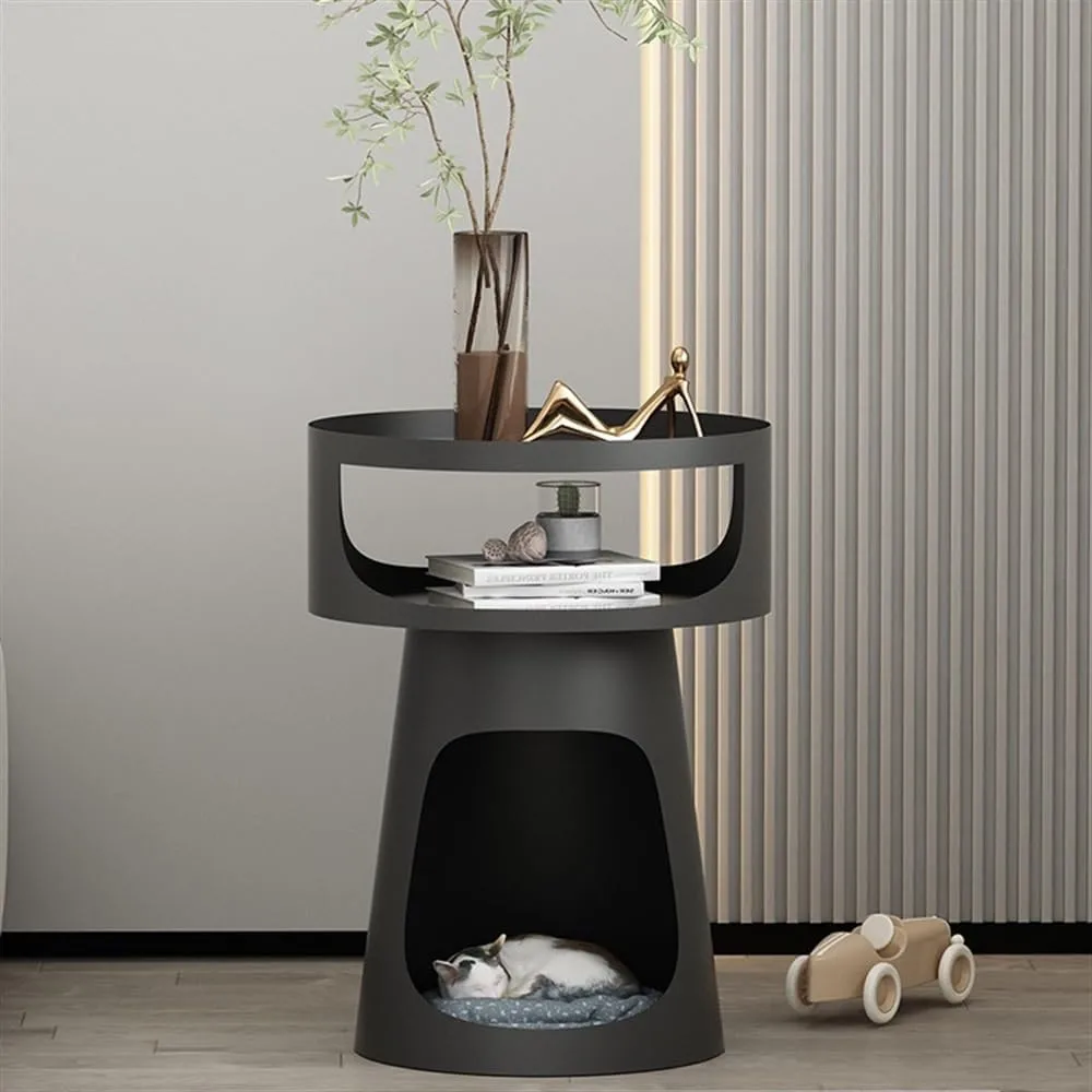 End Tables Creative Metal Round Side Table Double-Layer Coffee Table, Balcony Sofa Table, Bedroom Nightstand, Pet Bed for Cats Console Sofa Tables(Black)