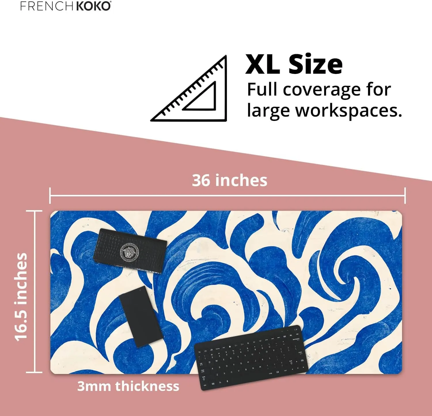 French KOKO Desk Mat, Large Desk Pad Large Mouse Pad Cute Desk Accessories Home Office Essentials XL Desk Mat Desk Pad Keyboard Mouse Desk Pads Computer Cute Women Girls (Blue Waves, 36" x 16.5")