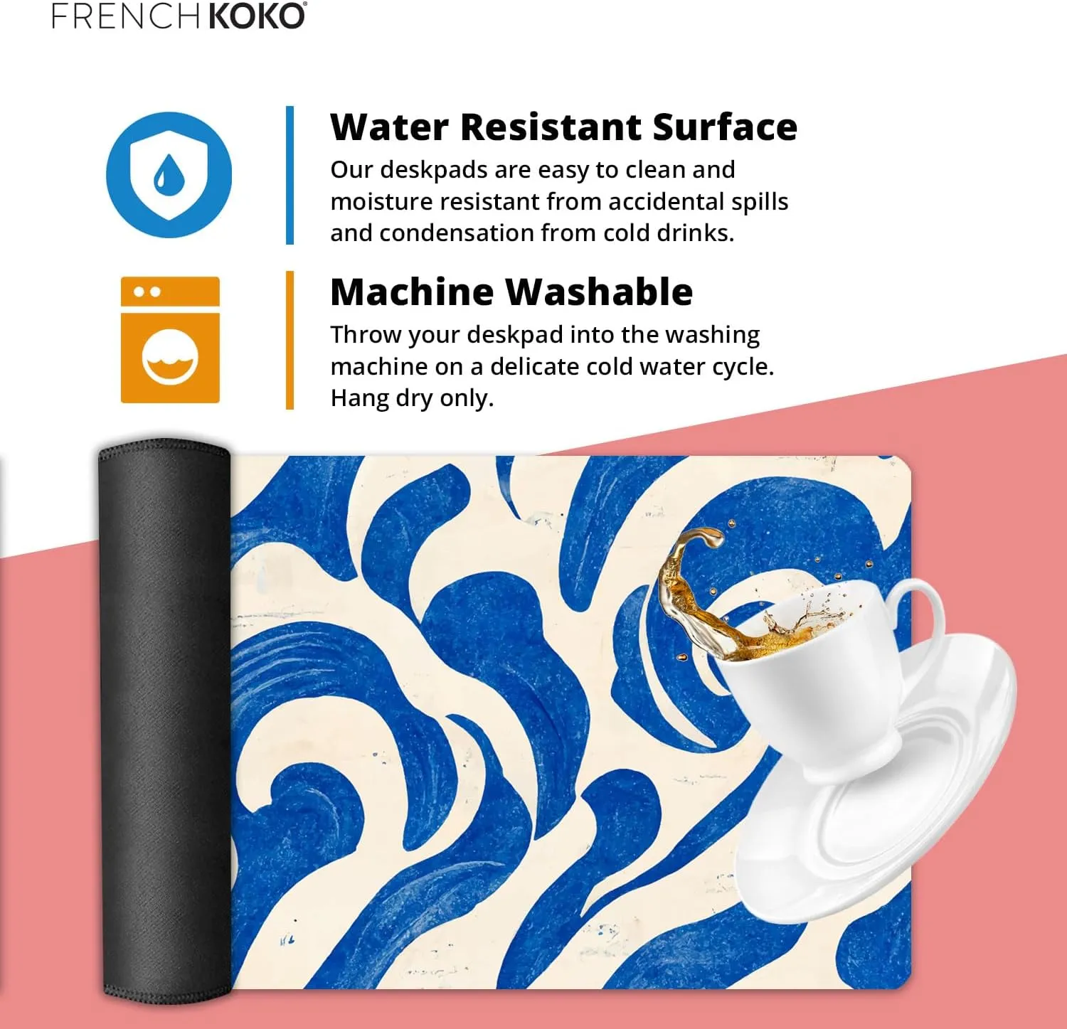 French KOKO Desk Mat, Large Desk Pad Large Mouse Pad Cute Desk Accessories Home Office Essentials XL Desk Mat Desk Pad Keyboard Mouse Desk Pads Computer Cute Women Girls (Blue Waves, 36" x 16.5")