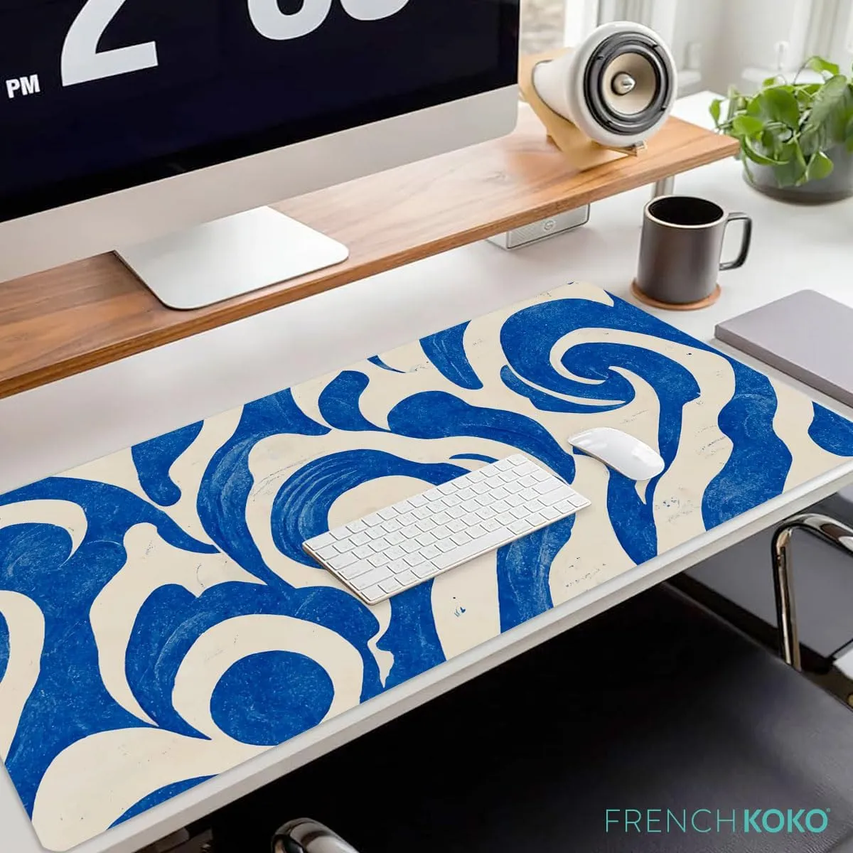 French KOKO Desk Mat, Large Desk Pad Large Mouse Pad Cute Desk Accessories Home Office Essentials XL Desk Mat Desk Pad Keyboard Mouse Desk Pads Computer Cute Women Girls (Blue Waves, 36" x 16.5")